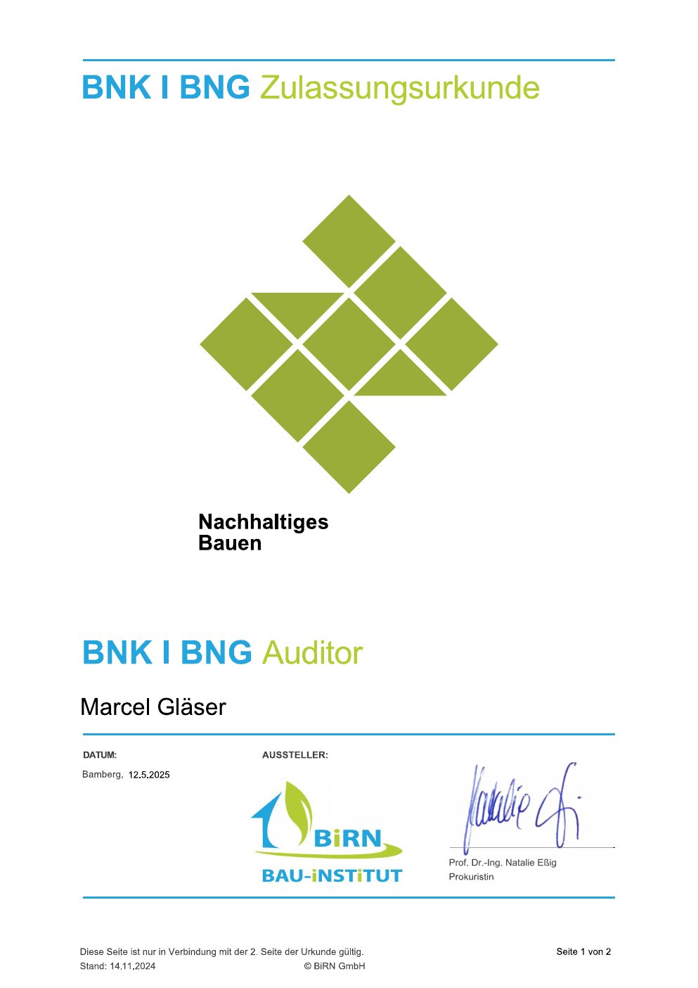 BNK | BNG Auditor Zulassungsurkunde für Marcel Gläser (BiRN GmbH, 12.05.2025)