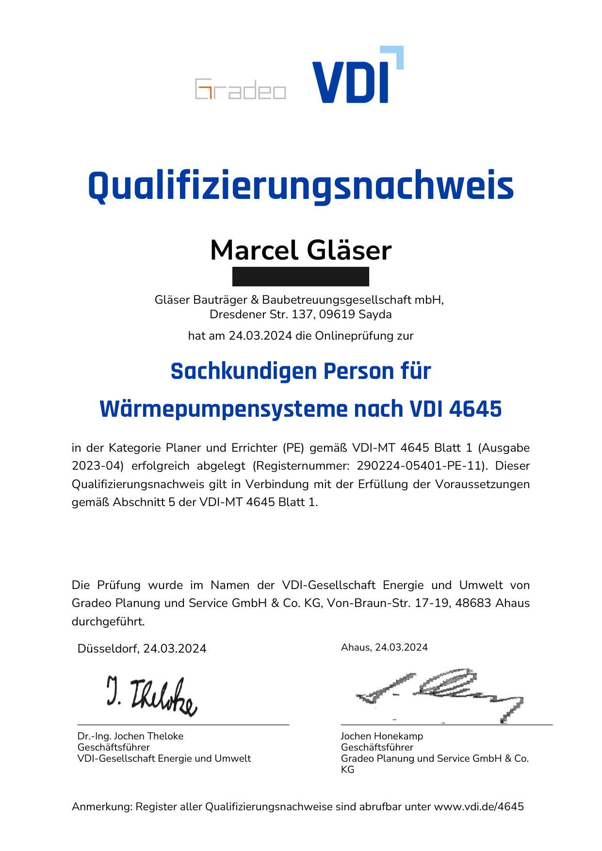 VDI-Qualifizierungsnachweis von Marcel Gläser: Sachkundige Person für Wärmepumpensysteme nach VDI 4645, Kategorie Planer und Errichter (PE)